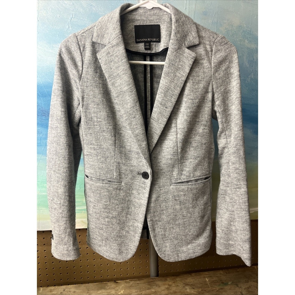 Banana Republic Women Gray Black Wool Blend Textured Knit Boyfriend Blazer Sz 00